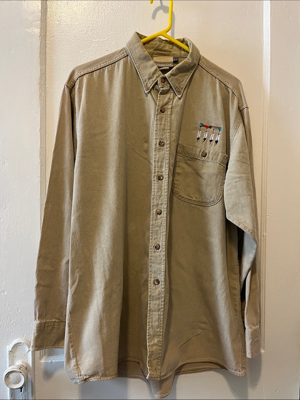 Men's Casual Button-Down Shirt in Tan with Embroidered Detail